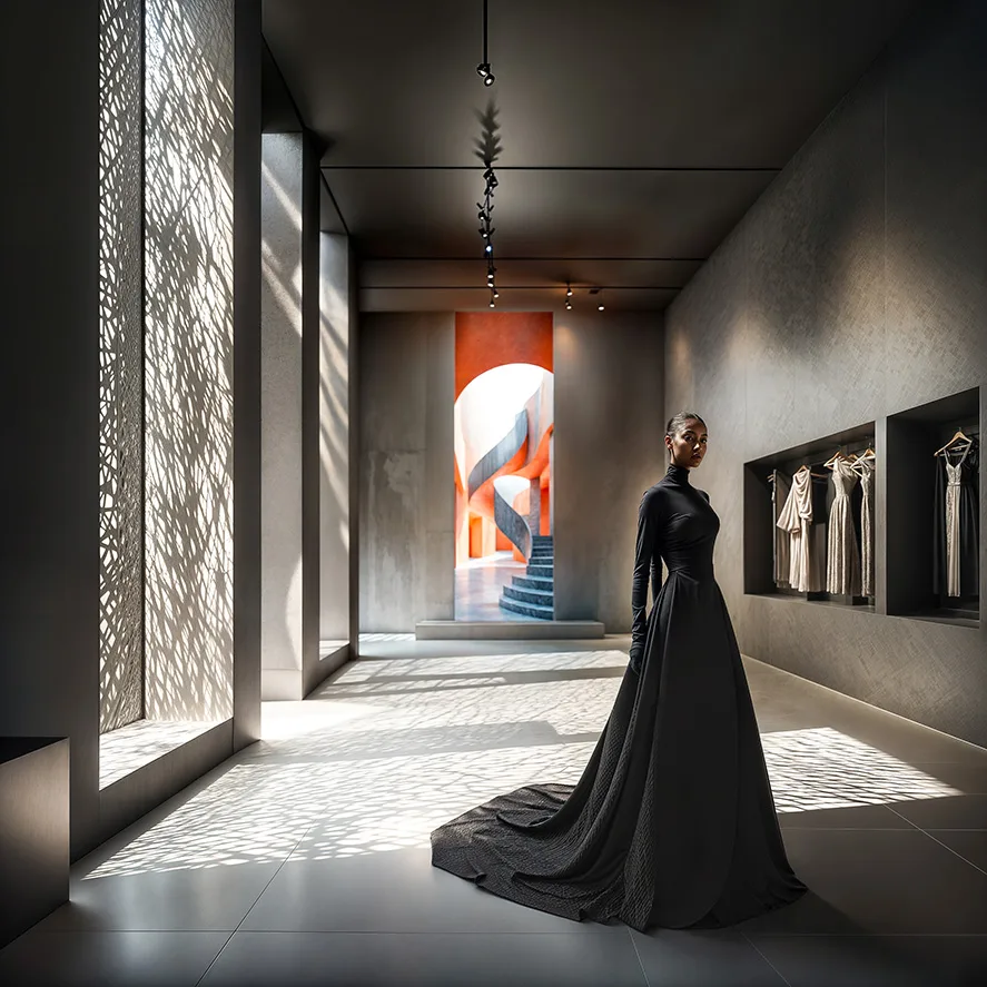 Ai generated Retail Experience featuring a concrete space with an artpiece in the back