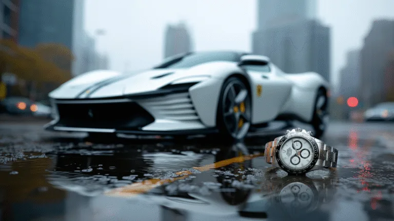 Daytona Car on Wet street and Rolex on the floor. Image for Luxury 3D Design
