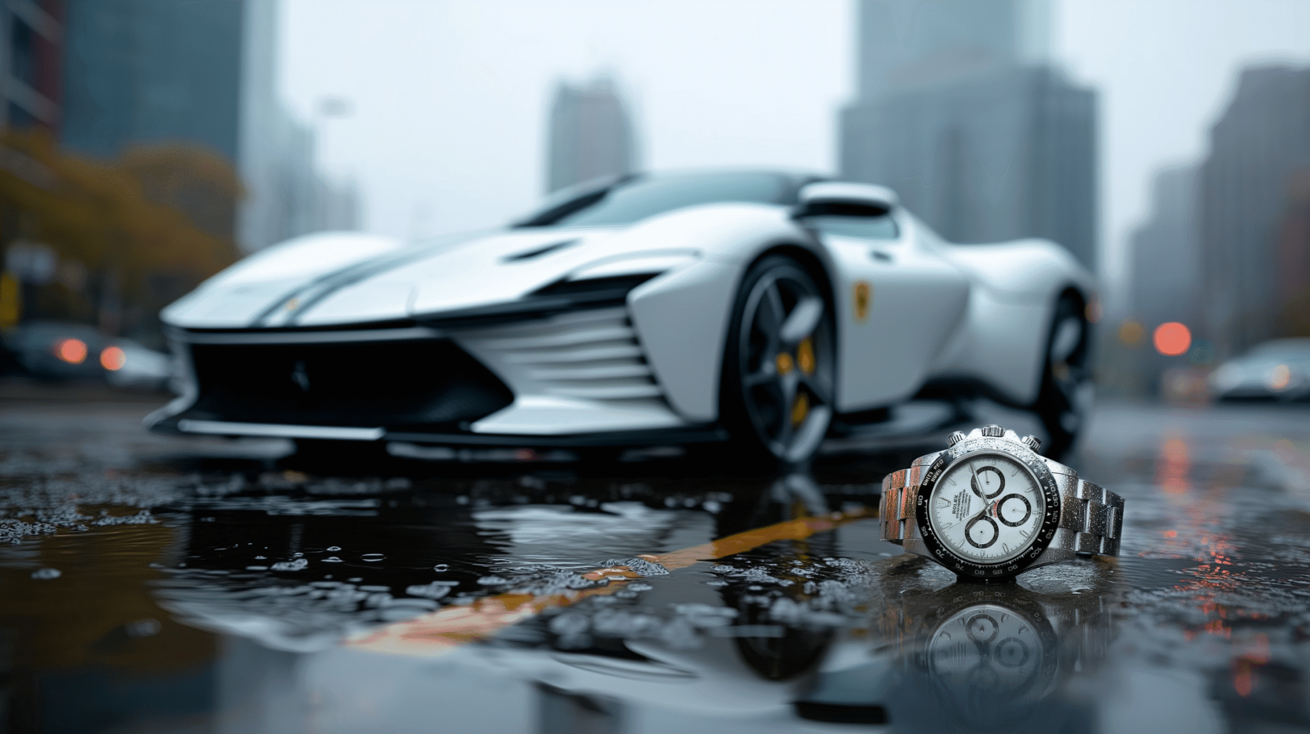 Daytona Car on Wet street and Rolex on the floor. Image for Luxury 3D Design